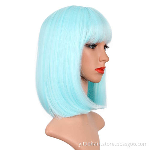 Natural Looking Pastel Mint Green Replacement Wig Neon Color Short Bob Hair with Bangs  Machine Made None Lace Synthetic Wig